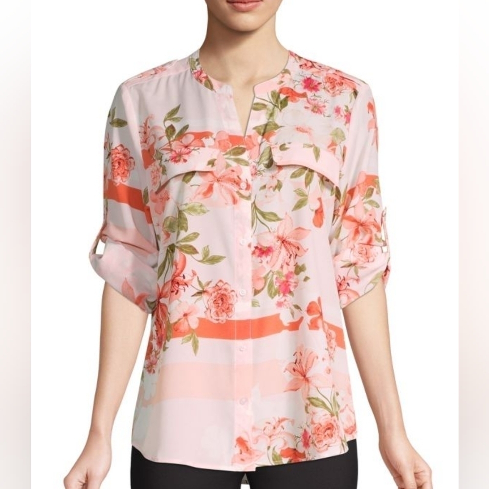 CALVIN KLEIN Botanical Roll-Sleeve Utility Blouse, Size Small